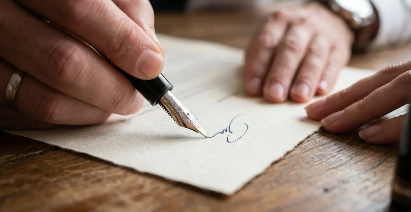 Gros plan sur deux mains signant un contrat immobilier avec un stylo élégant sur une table en bois