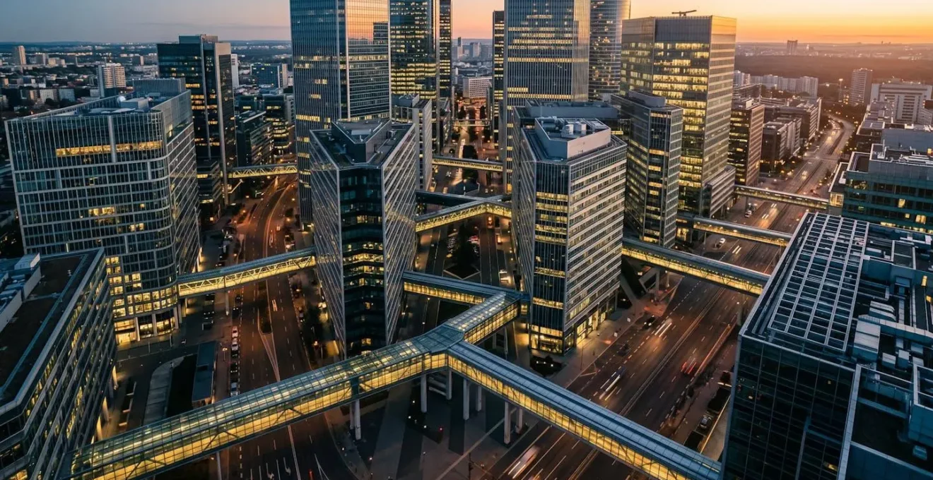 Vue aérienne d'un quartier d'affaires moderne avec immeubles interconnectés symbolisant une structure de holding