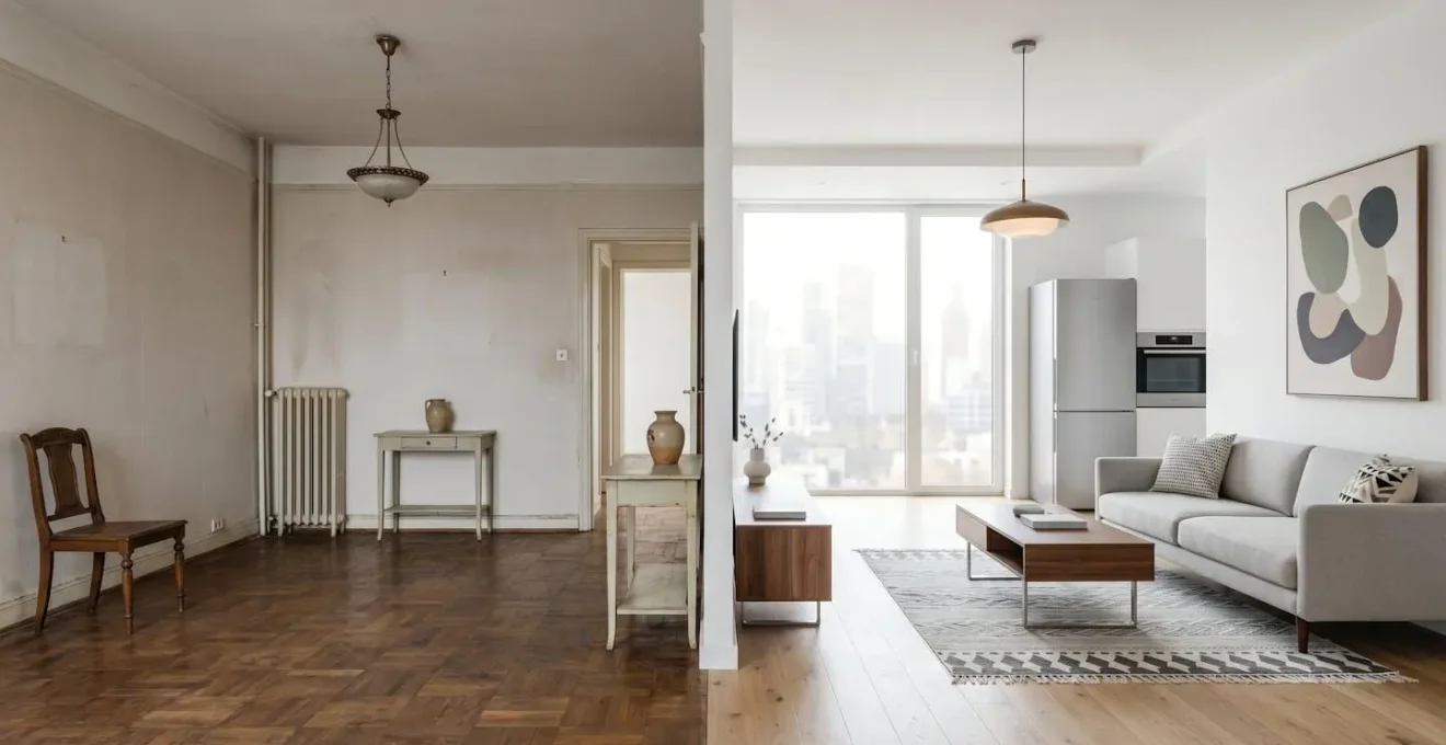 Vue intérieure d'un appartement rénové passant d'un style ancien à un meublé moderne et équipé