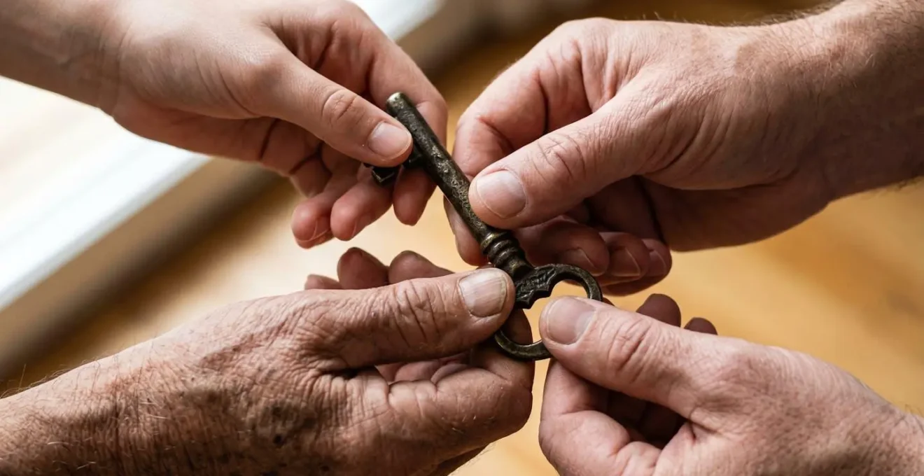 Gros plan sur des mains de trois générations échangeant symboliquement une clé de maison