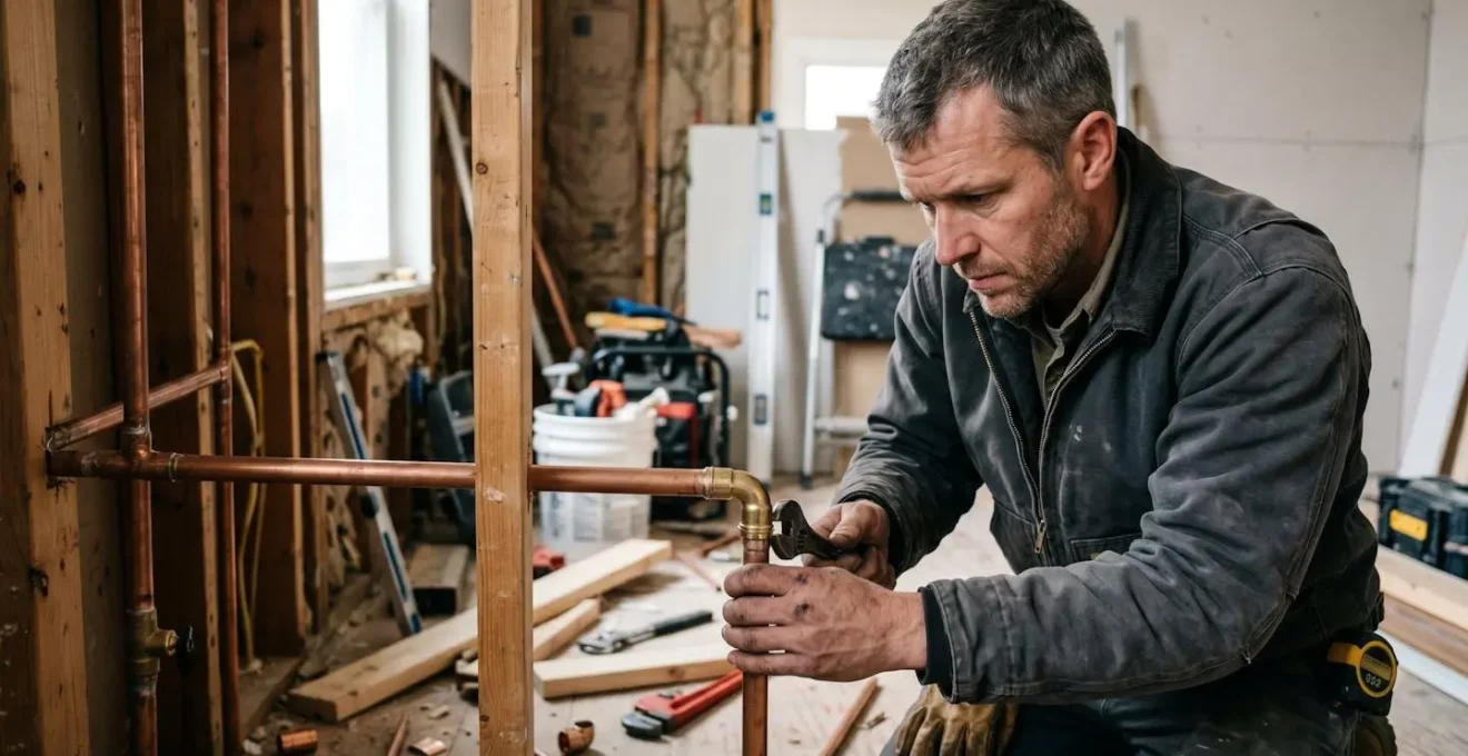 Artisan professionnel réalisant des travaux de plomberie dans un appartement en rénovation