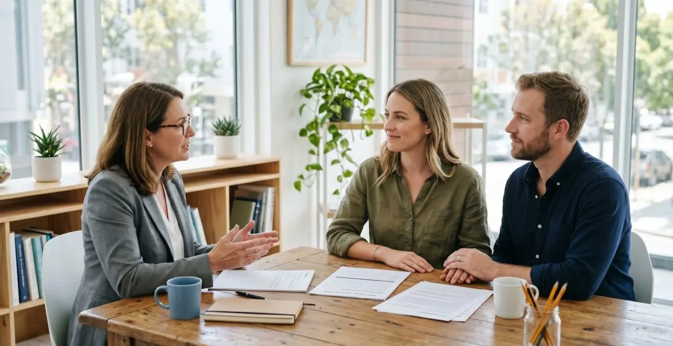 Un couple attablé examine des documents de financement immobilier avec un conseiller, dans un bureau contemporain et lumineux