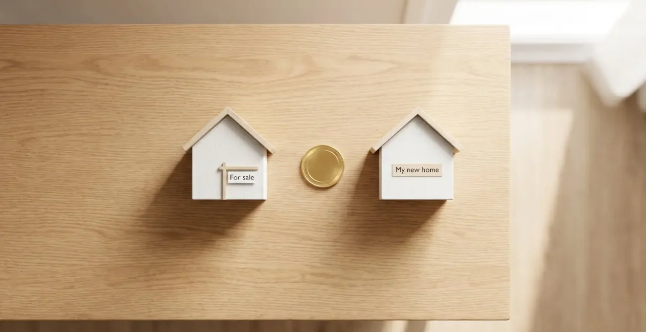 Deux maisons miniatures en bois sur une table, l'une étiquetée à vendre, l'autre nouveau foyer, reliées par une pièce d'or.