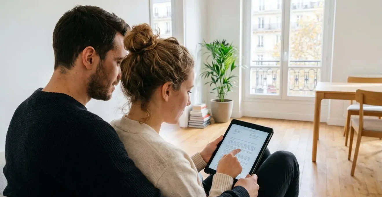 Un couple dans la trentaine consulte ensemble une tablette dans un appartement lumineux, vue par-dessus leur épaule