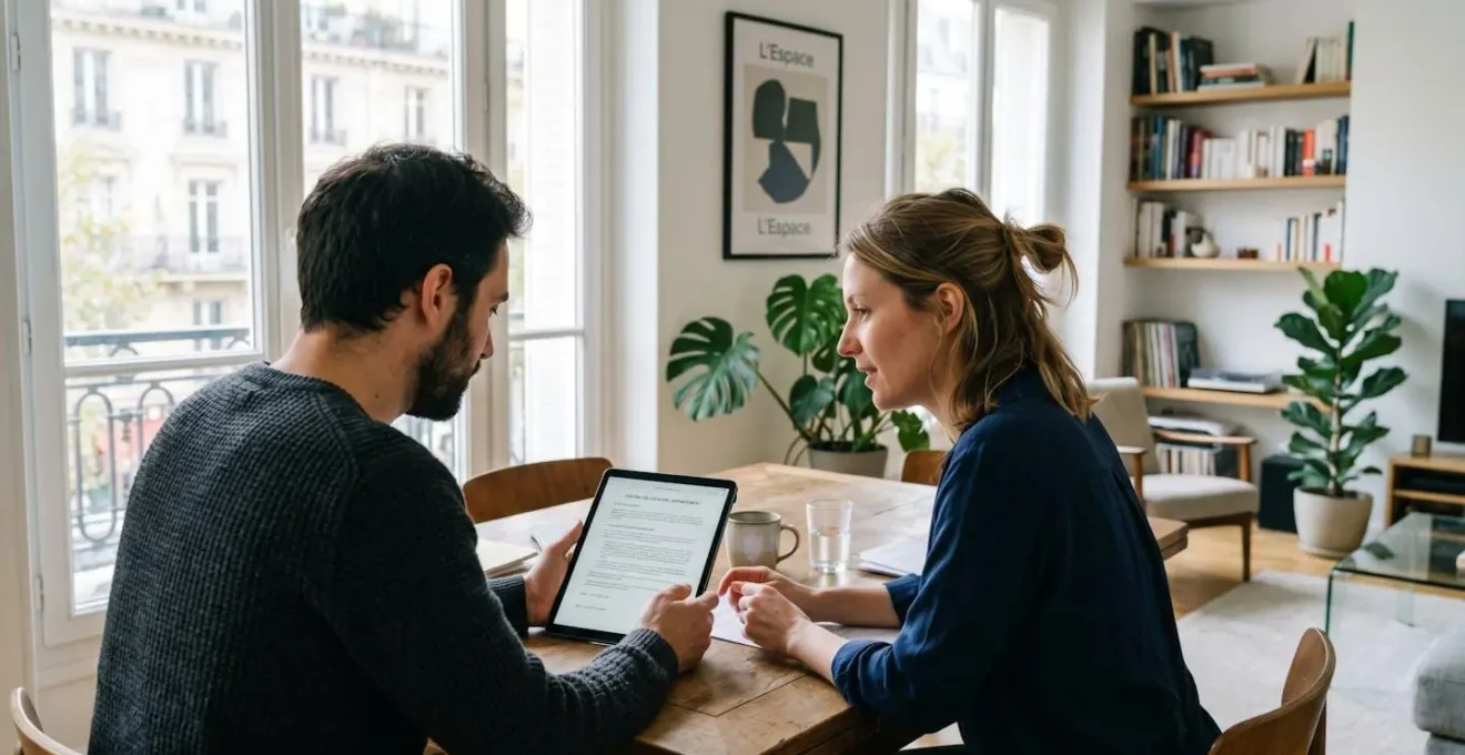 Un couple dans la trentaine consulte ensemble une tablette dans un appartement lumineux, vue par-dessus leur épaule