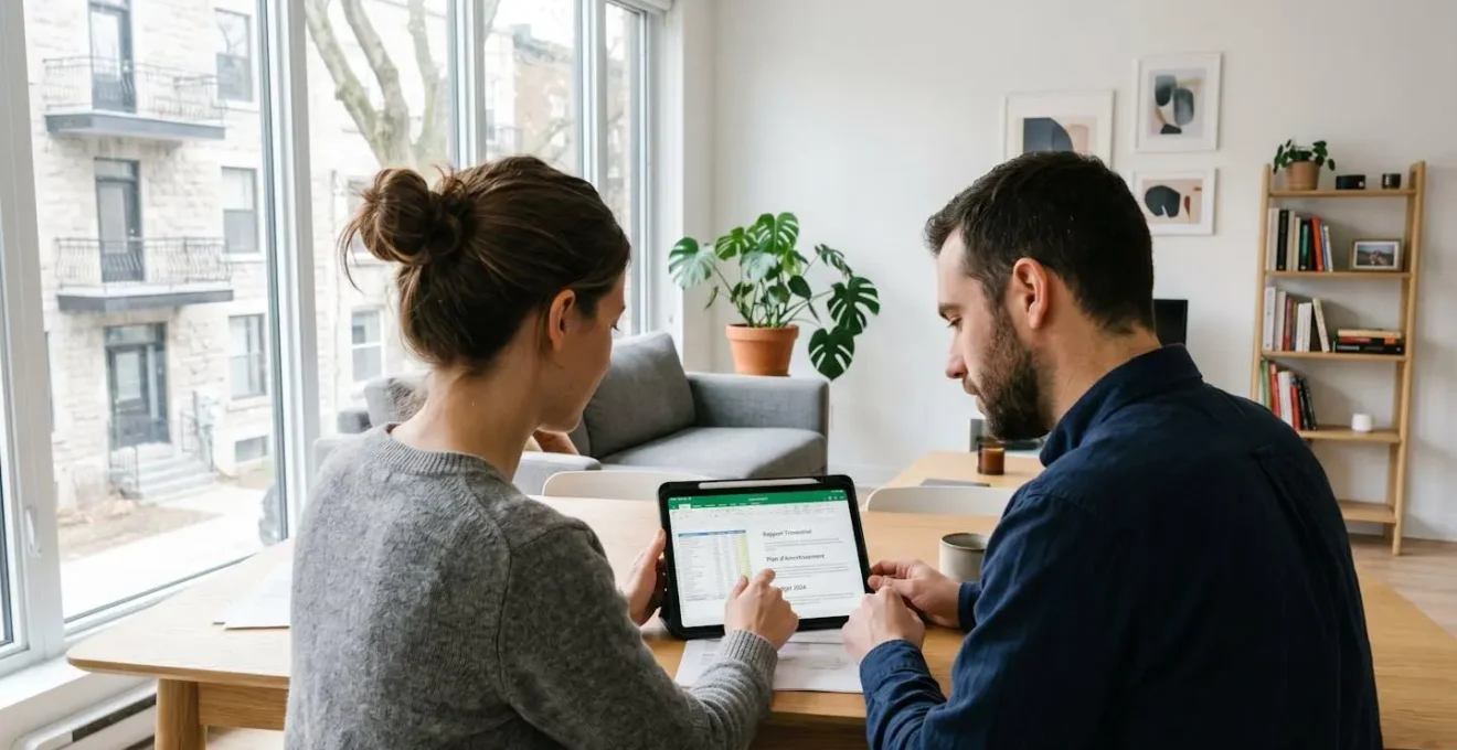 Un couple dans la trentaine consulte ensemble une tablette dans un appartement lumineux, vue par-dessus leur épaule