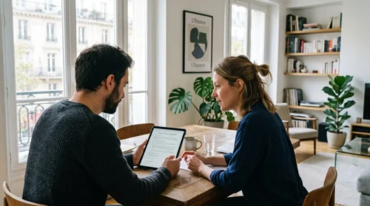 Un couple dans la trentaine consulte ensemble une tablette dans un appartement lumineux, vue par-dessus leur épaule