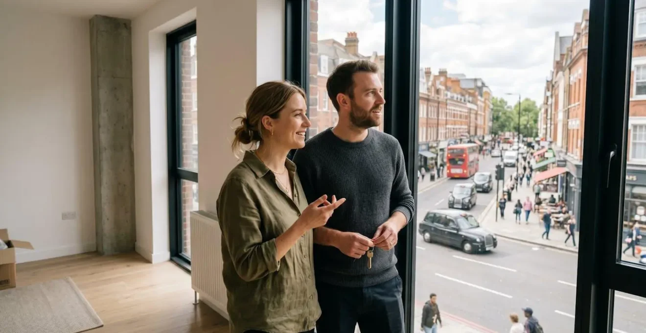 Un jeune couple en visite d'un appartement lumineux à Bordeaux, regardant par la fenêtre avec un agent immobilier en arrière-plan