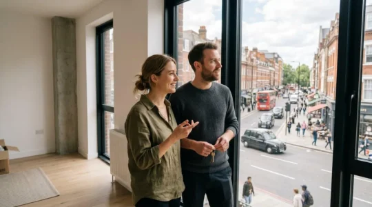 Un jeune couple en visite d'un appartement lumineux à Bordeaux, regardant par la fenêtre avec un agent immobilier en arrière-plan