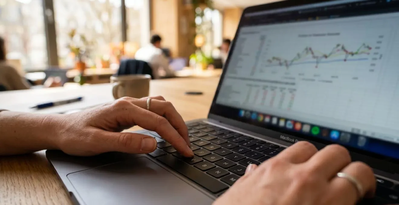 Gros plan sur des mains tapant sur un clavier d'ordinateur portable moderne avec un graphique financier totalement flouté à l'écran
