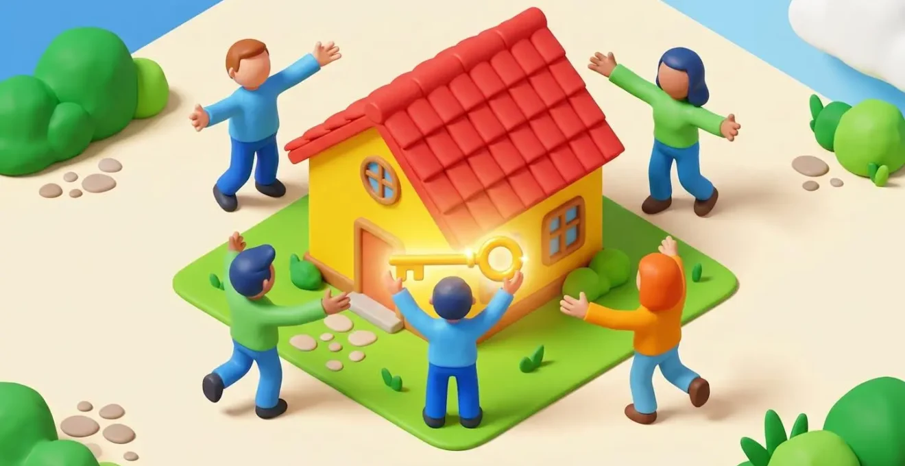 Illustration isométrique d'une maison entourée de personnages, l'un tenant une clé lumineuse.