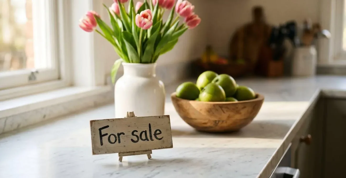 Plan de travail de cuisine lumineux avec fleurs et fruits, une pancarte à vendre posée à côté.