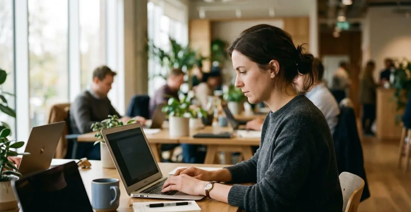 Une femme d'une trentaine d'années concentrée sur un écran d'ordinateur affichant un tableau de simulation financière, environnement de bureau ouvert et lumineux