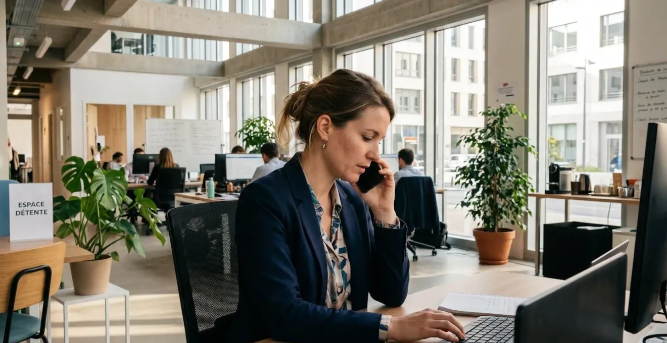 Un professionnel dans la trentaine en appel téléphonique dans un bureau moderne lumineux, vu de trois-quarts dos, posture concentrée