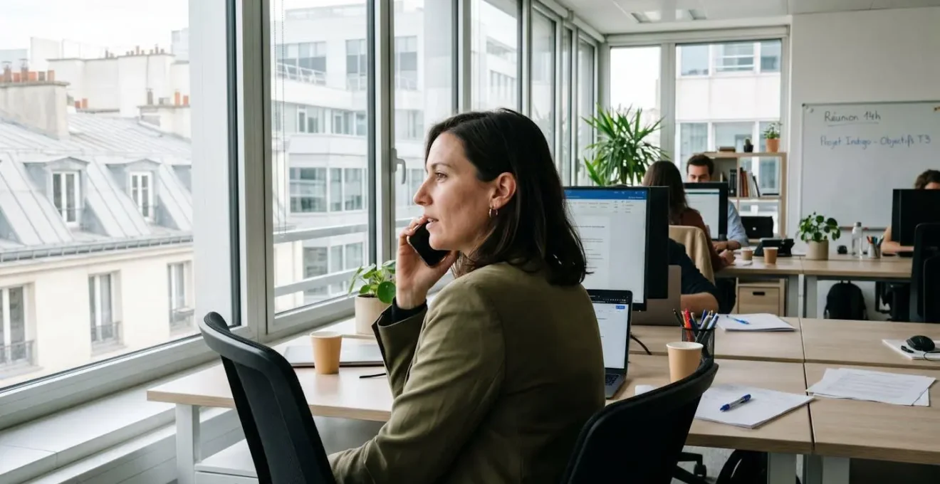 Un professionnel dans la trentaine en appel téléphonique dans un bureau moderne lumineux, vu de trois-quarts dos, posture concentrée