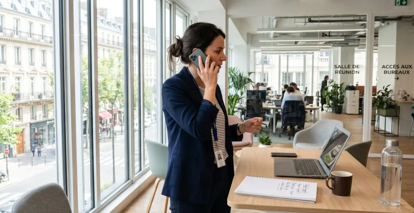 Un professionnel dans la trentaine en appel téléphonique dans un bureau moderne lumineux, vu de trois-quarts dos, posture concentrée