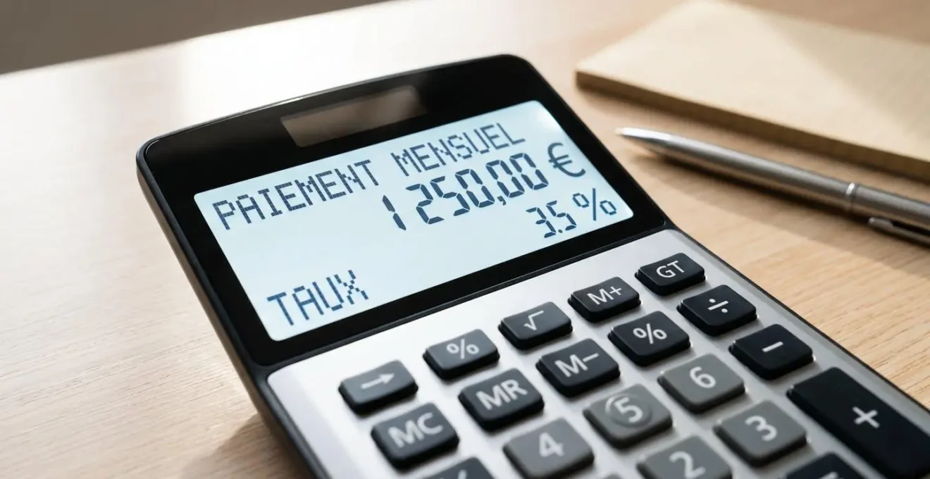 Gros plan d'une calculatrice financière affichant des calculs de mensualités sur un bureau contemporain avec stylo et bloc-notes en arrière-plan flou
