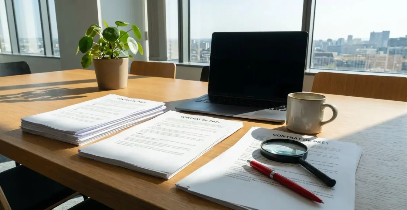Bureau moderne avec documents de contrat de prêt étalés, stylo rouge et loupe posés sur les papiers, éclairage naturel, pas de personne visible
