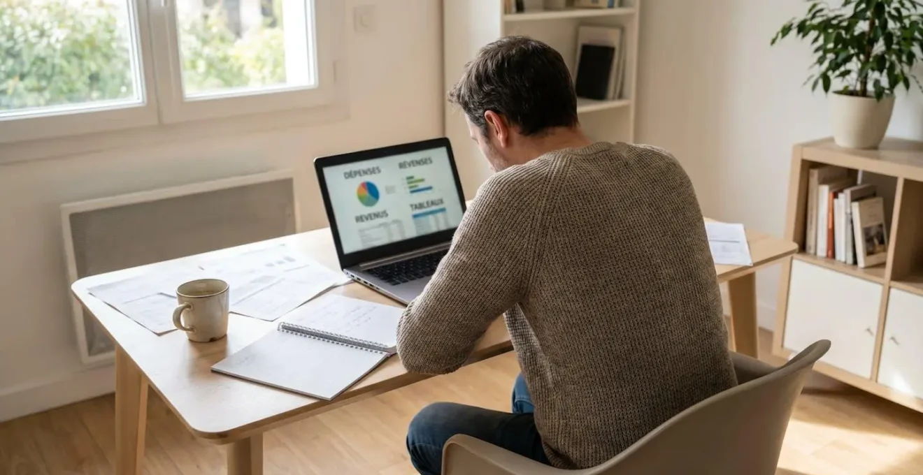 Une personne de dos consulte des documents financiers avec graphiques et tableaux sur un bureau contemporain éclairé par la lumière naturelle d'une fenêtre