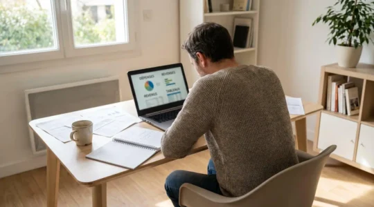 Une personne de dos consulte des documents financiers avec graphiques et tableaux sur un bureau contemporain éclairé par la lumière naturelle d'une fenêtre