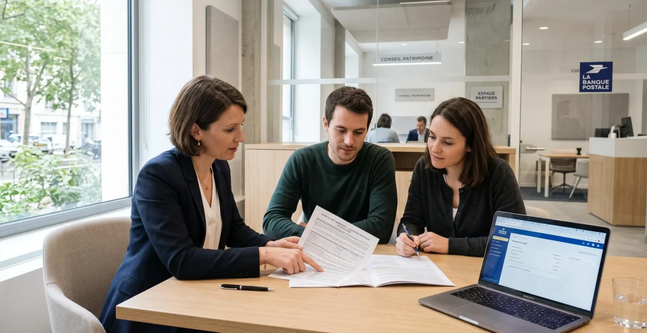 Conseiller bancaire et jeune couple examinant ensemble une offre de prêt immobilier imprimée lors d'un rendez-vous dans une agence bancaire française contemporaine, lumière naturelle douce, atmosphère concentrée et professionnelle