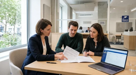 Conseiller bancaire et jeune couple examinant ensemble une offre de prêt immobilier imprimée lors d'un rendez-vous dans une agence bancaire française contemporaine, lumière naturelle douce, atmosphère concentrée et professionnelle