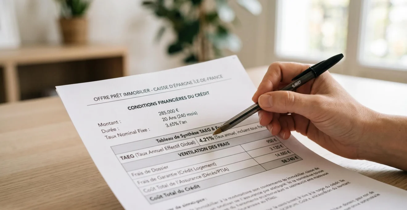 Gros plan sur une offre de prêt immobilier française affichant le tableau TAEG détaillé et les frais annexes, une main tient un stylo pointant vers le taux effectif global