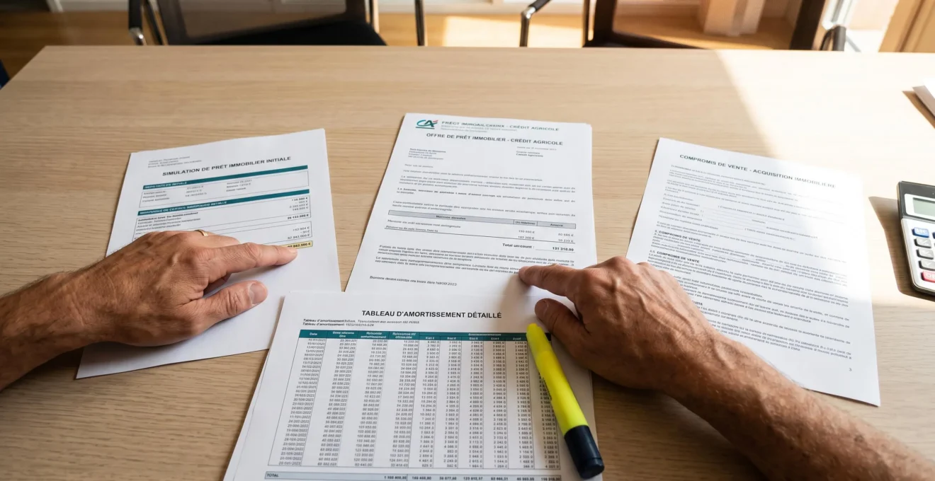 Vue de dessus de quatre documents de crédit immobilier (simulation, offre formelle, tableau d'amortissement, compromis de vente) disposés sur un bureau, deux mains confrontant des montants entre deux documents pour vérification croisée